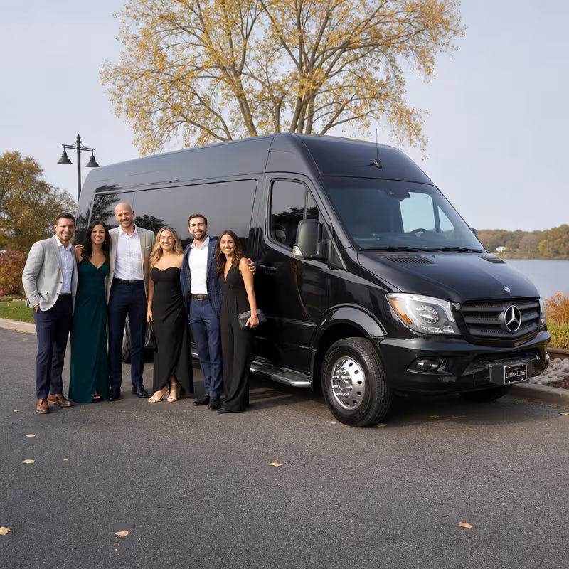 Group beside a Mercedes Sprinter limo from the Toledo fleet