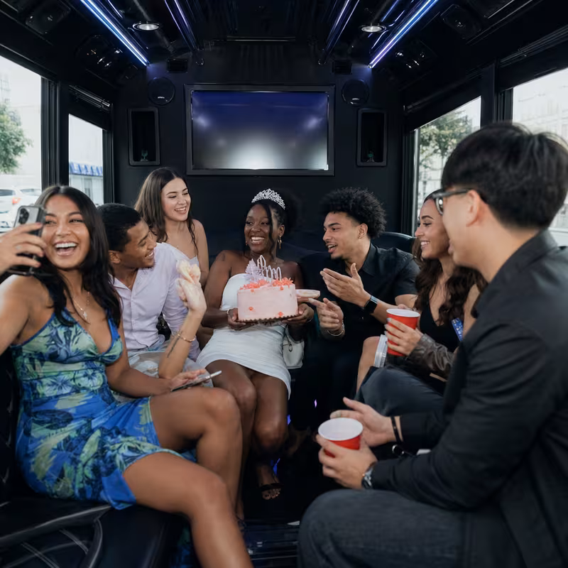 Black Mercedes Sprinter van staged for an Toledo Birthday Transportation group