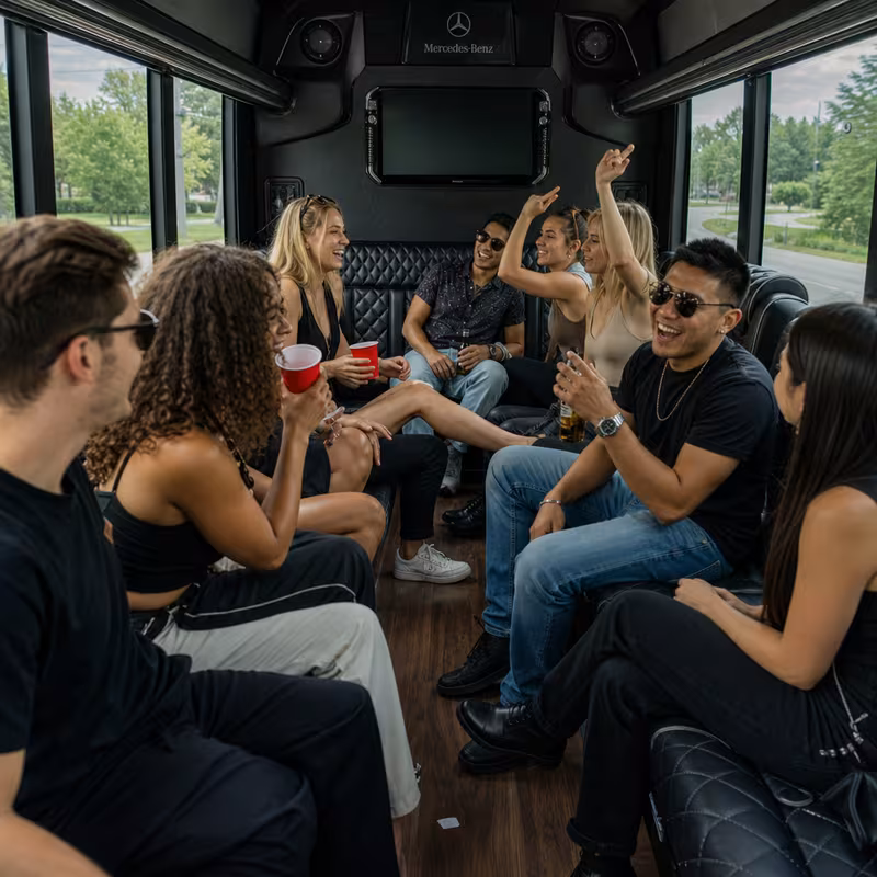Group boarding a white charter bus for Concert Transportation transportation in Toledo