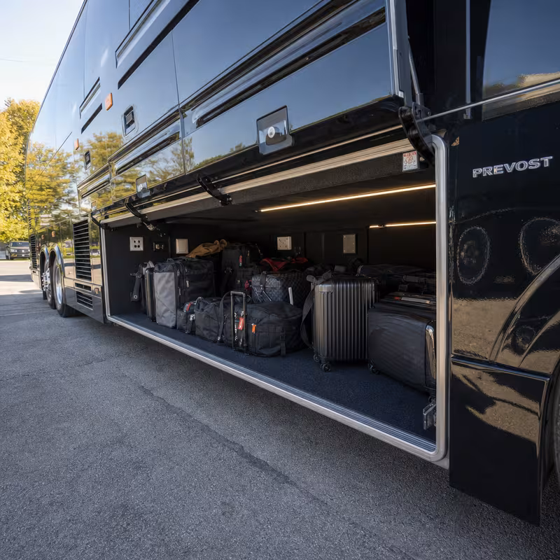 Party bus interior with wraparound leather seating and LED lighting in Toledo