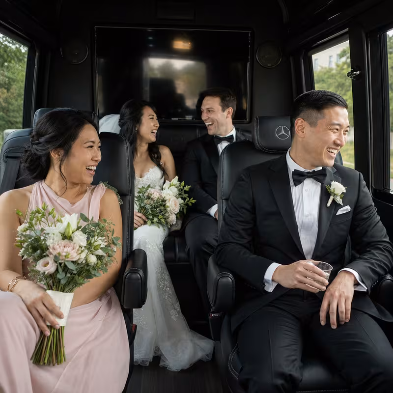 Black Mercedes Sprinter van staged for an Toledo Wedding Transportation group